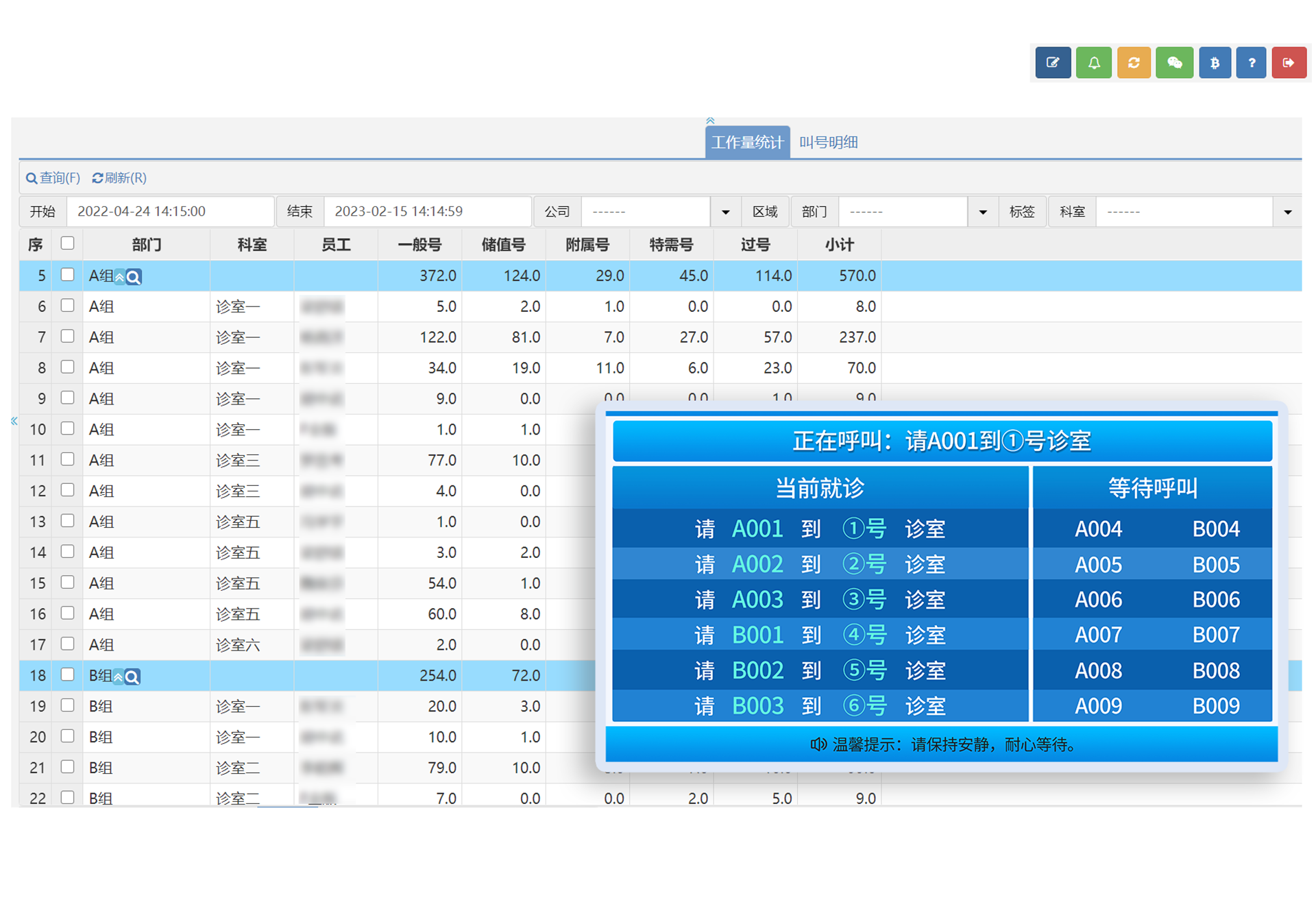 医生叫号工作量统计数据实时同步